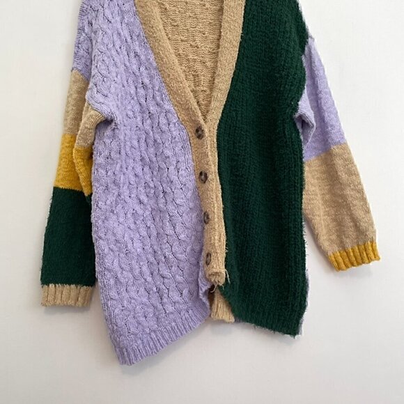 FOREVER 21 Colorblock Cardigan Sweater Lilac Lavender Green Multi Button Long M - Picture 4 of 13